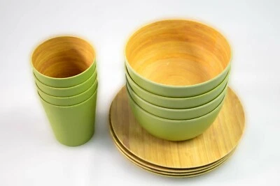 Melamine Wood-Looking Dinnerware Set for 4 - Green - Image 1 of 4