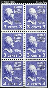US JEFFERSON 3¢ BOOKLET PANE OF 6 MINT NEVER HINGED ORIGINAL GUM SC 807a VF/XF - Picture 1 of 2