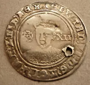 ANTIQUE HAMMERED TUDOR SILVER COIN KING EDWARD VI 1547 - 1553 SHILLING HAS HOLE - Picture 1 of 12