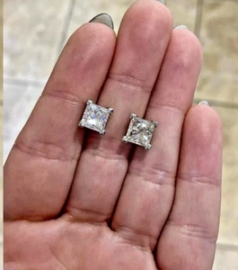 14K White Gold Studs Princess 2 Ct Real Lab Created Diamond Earrings IGI GIA - Picture 1 of 11