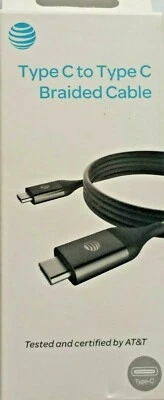 NEW AT&T Tested and Certified TYPE-C  to TYPE-C, USB C Braided Cable 4FT Black - Image 1 of 4