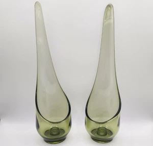Vintage MCM Set of 2 Viking Swung Green Glass 1” Taper candle Holder 14 1/4 Inch - Picture 1 of 22