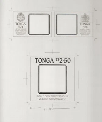1986 CUMPLEAÑOS Q.E.11 TONGA-DISEÑO FINAL OBRAS DE ARTE/DISEÑO DE BORDES Y ESCUDO DE ARMAS Foto 1 de 3