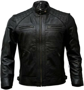 Men's Café Racer Waxed Real Lambskin Leather BLACK & Motorcycle Leather Jacket - Picture 1 of 5