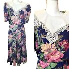 Vintage 80s Floral Blue Blouson Midi Dress Exaggerated Collar Cottage Core Small