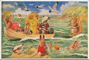 Postal de animales vintage cantada por artista RACEY HELP "ESQUÍ ACUÁTICO" Medici Society - Imagen 1 de 2