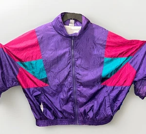 Chaqueta cortavientos vintage años 90 púrpura rosa negro verde azulado talla 3X mujer años 80 Anorak - Imagen 1 de 5