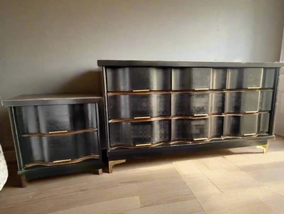 Juego de tocador y mesita de noche MCM Bassett vintage años 60 - negro y nogal Foto 1 de 4