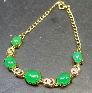 Genuine Green Jade Cabochon Cubic Zirconia 18KGP Coin Flower Bangle Bracelet