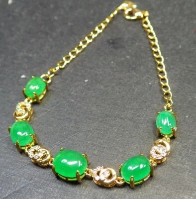 Brazalete Brazalete Genuino Verde Jade Cabujón Circonita Cúbica 18KGP Moneda Flor Foto 1 de 4