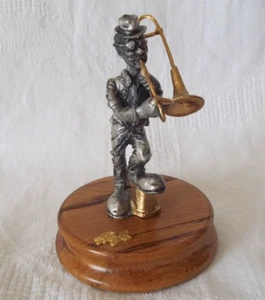 Ron Lee Hobo Clown Playing Trombone Figurine Pewter Band Collection Wood Base - Picture 1 of 8