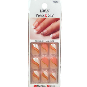 NEW Kiss Nails Impress Press On Manicure Short Gel Oval Peach White Gold Glitter