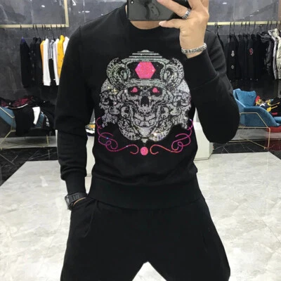 New Fashion Skull Rhinestones Winter Warm Hoodie Men Luxury Sweatshirt Pullover - Image 1 of 4