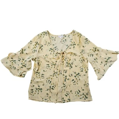 Charming Charlie Top Womens Sz L Butter Yellow Floral Flutter Layered Sleeves - Image 1 of 4