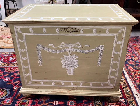French Antique Dovetail Hand Painted Wedding Trunk Ball Feet Cast Iron Handles Cover