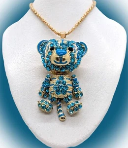 Cute & Sparkly Betsey Johnson Blue Crystal Articulated Tiger Kitty Cat Necklace - Picture 1 of 18