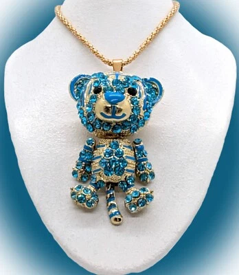 Lindo y Brillante Collar Betsey Johnson Cristal Azul Articulado Tigre Gatito Gato Foto 1 de 4