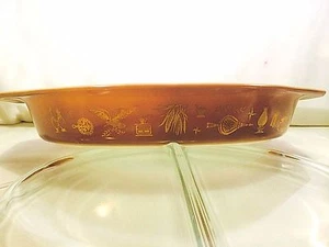 PYREX Gold Brown Early American Oval Divided Casserole Dish w Glass Lid vtg - Picture 1 of 6