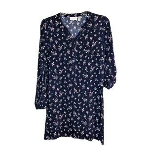 Navy Blue Pink Floral Dress Junior Size XXL 16 Roll Tab Long Sleeve PLACE Calico - Picture 1 of 8
