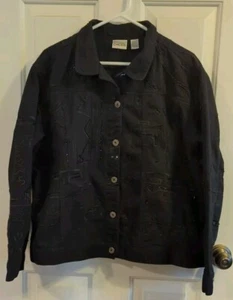 Chico's Beaded Embroidered Black Denim Jacket Women's Size 3 - Picture 1 of 10