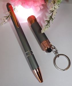 Ballpoint Stylus Pen & Mini LED Flashlight Keyring - Gray/Rose Gold - Gift Box