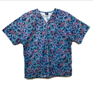 NWOT Barco Uniforms Sz Large Blue Pink Butterfly w/ Gold Flecks Scrub Shirt - Picture 1 of 6