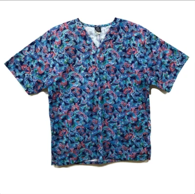NWOT Barco Uniforms Sz Large Blue Pink Butterfly w/ Gold Flecks Scrub Shirt - Image 1 of 4
