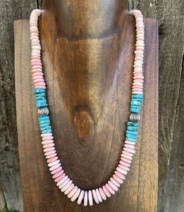Sterling Silver Graduated Pink Conch Turquoise Corrugated Bead Necklace 20 Inch - Picture 1 of 12