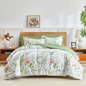 Bed in a Bag Queen, 7 Piece Floral Comforter Sheet Set, Green Leaves Colorful... - Picture 1 of 7
