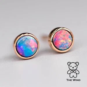 Minimalist Round Australian Doublet Opal Stud Earrings 18k Rose Gold - Picture 1 of 9
