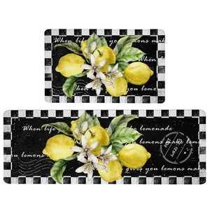 Lemon Kitchen Mat Set of 2 Anti Fatigue Kitchen Rugs Black and White Buffalo ... - Picture 1 of 7