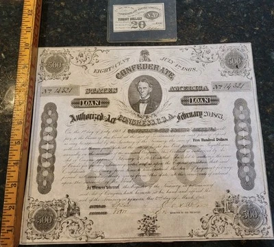 1863 $500 Confederate States 8% Bond C.G. Memminger Type 133 Cert +1 $20 Coupon - Image 1 of 4