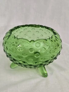 Vintage Mid Century LE Smith Glass Green Hobnail Rose Bowl Dish Vase 3 Footed  - Picture 1 of 6