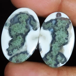 Natürlich Solar Moos Achat Paar Oval Cabochon Edelsteine 35.15 Cts 17x28x3 MM - Bild 1 von 7