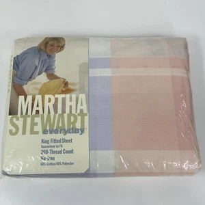Martha Stewart King Fitted Sheet Pastel Plaid No Iron Purple Blue 200 Count - Picture 1 of 6