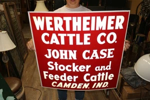 Vintage 1950s Wertheimer Cattle Co. John Case Farm Camden Indiana 28" Metal Sign - Picture 1 of 3
