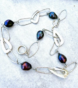 Natural Black Pearl and Sterling Silver 925 Hand Hammered 18" Necklace EUC - Picture 1 of 11