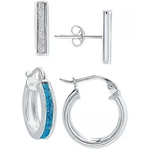 Sterling Silver Stud Hoop Glitter Epoxy Earrings (2 Piece Set) Stylish Glitz NEW - Picture 1 of 6