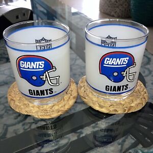 TWO New York Giants Vintage 1980's Mobil Gas 12 oz Frosted Drinking Glasses