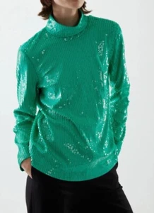 COS Sequin Top Size L Womens Green Long Sleeve Sparkly Party High Neck Top New - Picture 1 of 15