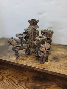 ASIAN ANTIQUE CANDELABRA FOO DOG WINGED DRAGON LION 5 CANDLES HEAVY BRONZE BRASS - Picture 1 of 16