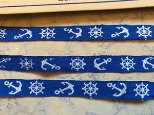 Vintage 10mm embroidered blue fabric ribbon trim - anchors, sea, ship - by the M - Picture 1 of 6