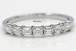 0.69 CT Natural Diamond Emerald Cut Half Eternity Band 18K White Gold Size 7.5 - Picture 1 of 9