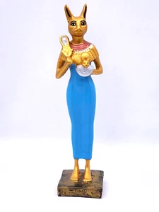 Unique Egyptian Gold & Blue Bastet Goddess Stone Antique Statue Handmade Bazareg - Picture 1 of 13