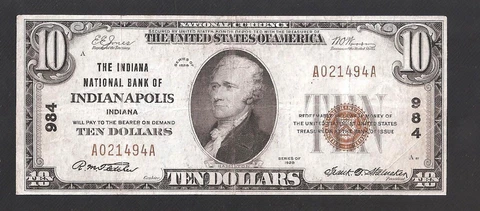 RARE INDIANA NATIONAL BANK OF INDIANAPOLIS 1929 $10, CHRTR# 984 Cover