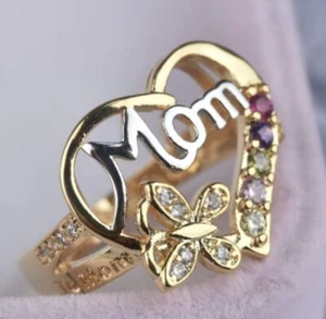 Butterfly Heart Mom Ring Size 6 Gold Tone Jewelry Gifts Mother Rhinestones New - Picture 1 of 8