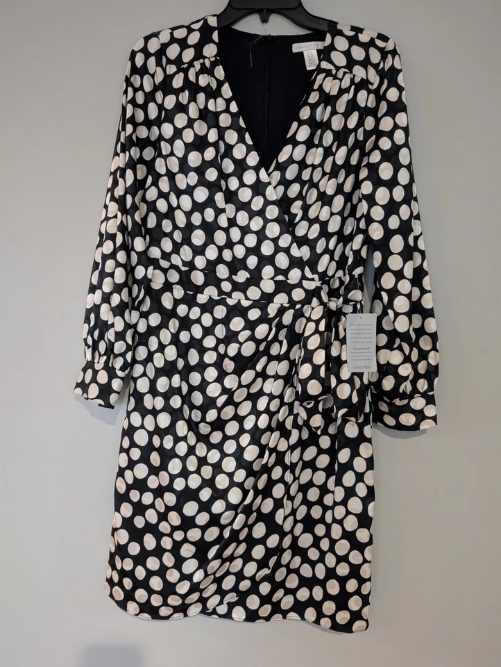 Vestido London Times Nordstrom Mujer 10 Negro Blanco Lunares Satinado Manga Larga  Foto 1 de 4