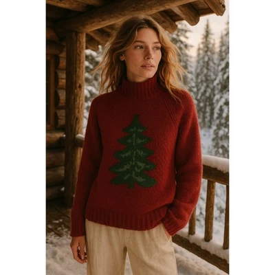 Suéter Grande L.L.Bean Tejido a Mano Lana Merino Vintage Años 90 Cuello Simulado Árbol de Navidad Foto 1 de 4
