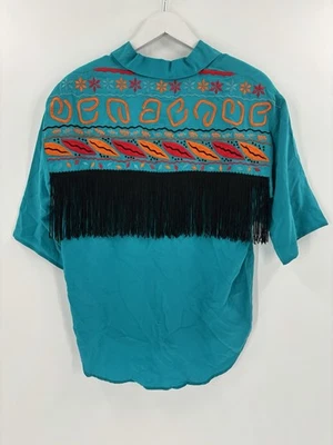 Camisa vintage con botones para mujer pequeña azul 100 % seda flecos occidentales bordados Foto 1 de 4
