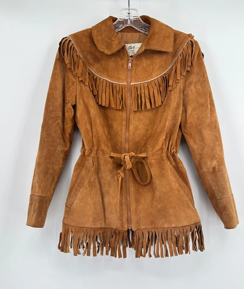 Chaqueta Jet Set of California Marrón Gamuza Flecos 8 Cremallera Completa Cordón Cintura Foto 1 de 4